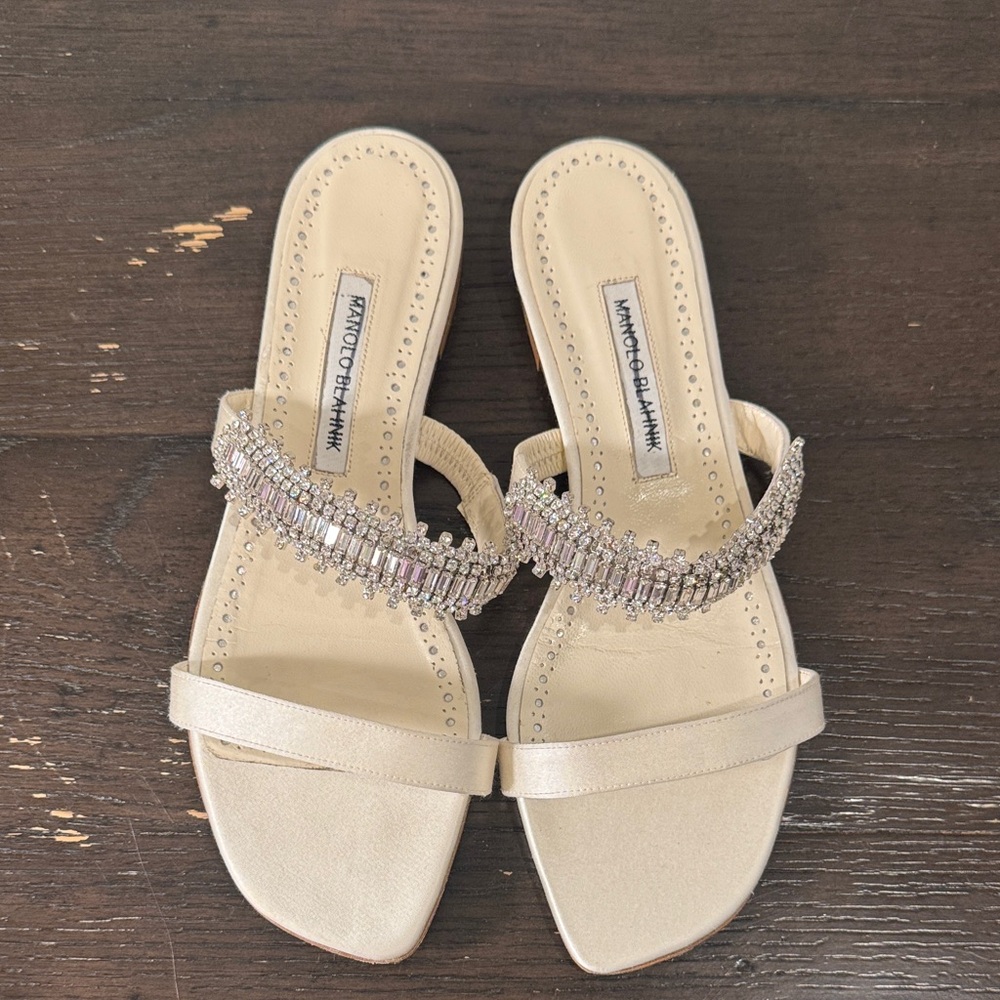 Manolo Blahnik Cream Beaded Slide Sandals